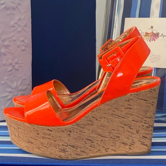 Neon orange cork BCBGENERATION platform wedge heel ankle strap sandals sz 10 - Picture 4 of 15